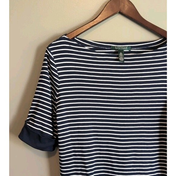 Lauren Ralph Lauren Size XL Blue Stripe Top Womens Boat Neck White Short Sleeve - Picture 3 of 5